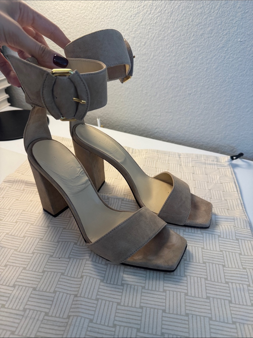 Banana Republic Taupe Suede Block Heel Sandals with Ankle Buckle